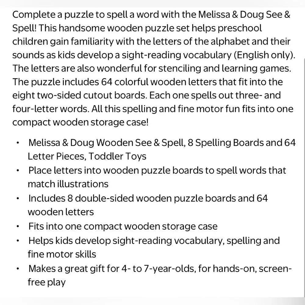 Melissa & Doug Wooden See & Spell Wooden Kids Learning Puzzle Toy. NEW.